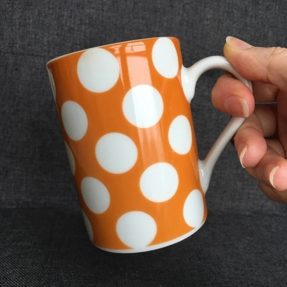 Set/2 Polka Dot Coffee Mugs, Yellow, White, 10 oz